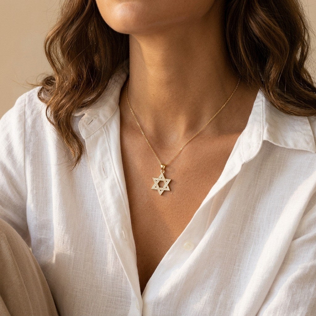 Star of David Necklace with Pavé Moissanite in Gold Plated 925 Sterling Silver - worn