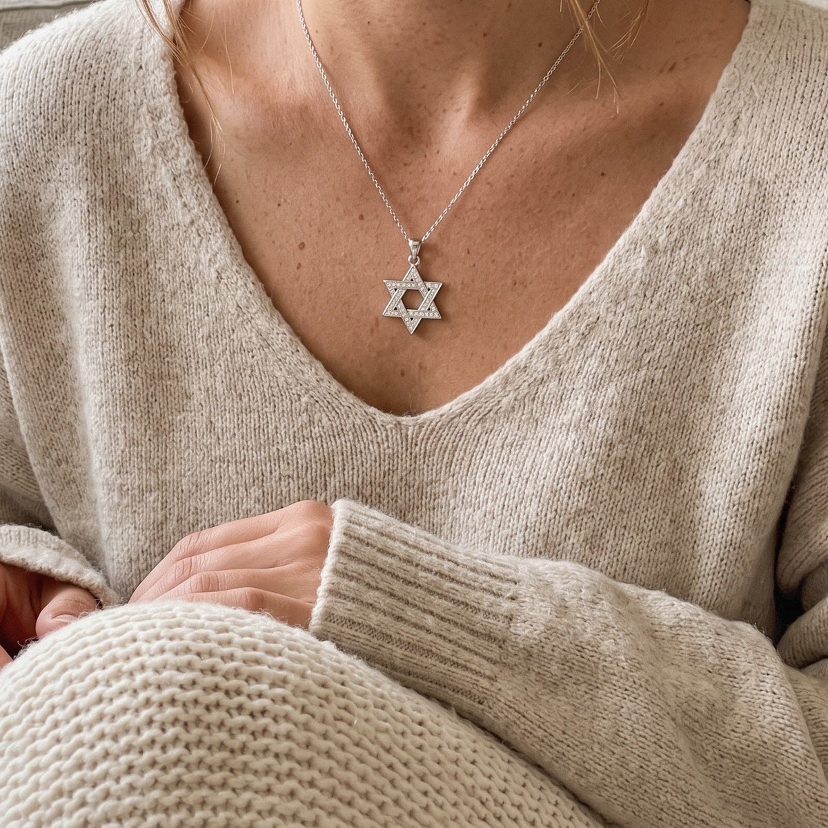Star of David Necklace with Pavé Moissanite in 925 Sterling Silver - everyday wear
