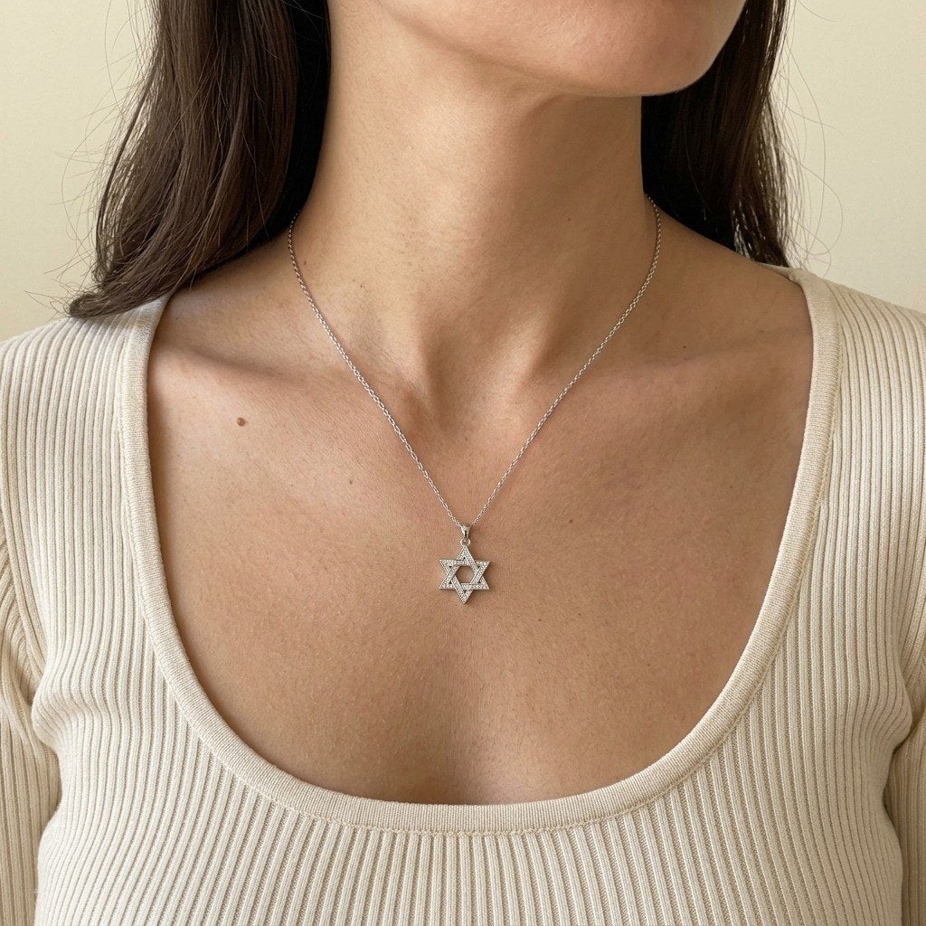 Star of David Necklace with Pavé Moissanite in 925 Sterling Silver - worn