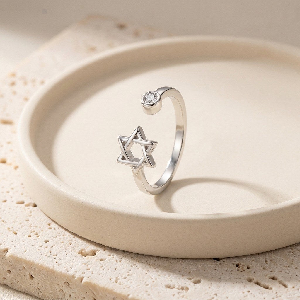 Star of David Ring in 925 Sterling Silver, Open Adjustable