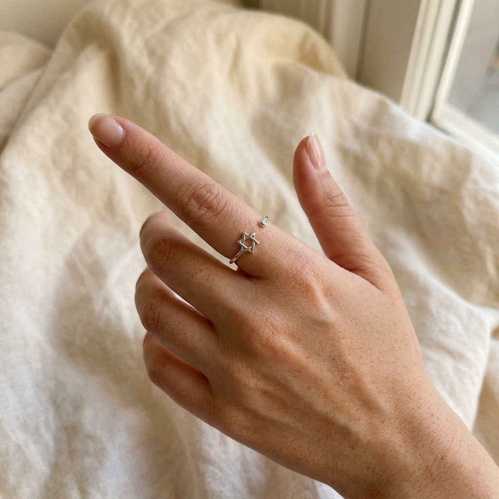 Star of David Ring in 925 Sterling Silver, Open Adjustable - worn