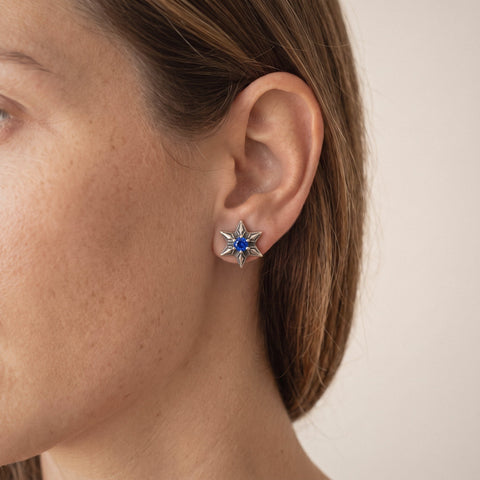 Star of David Stud Earrings in 925 Sterling Silver, Blue Cubic Zirconia