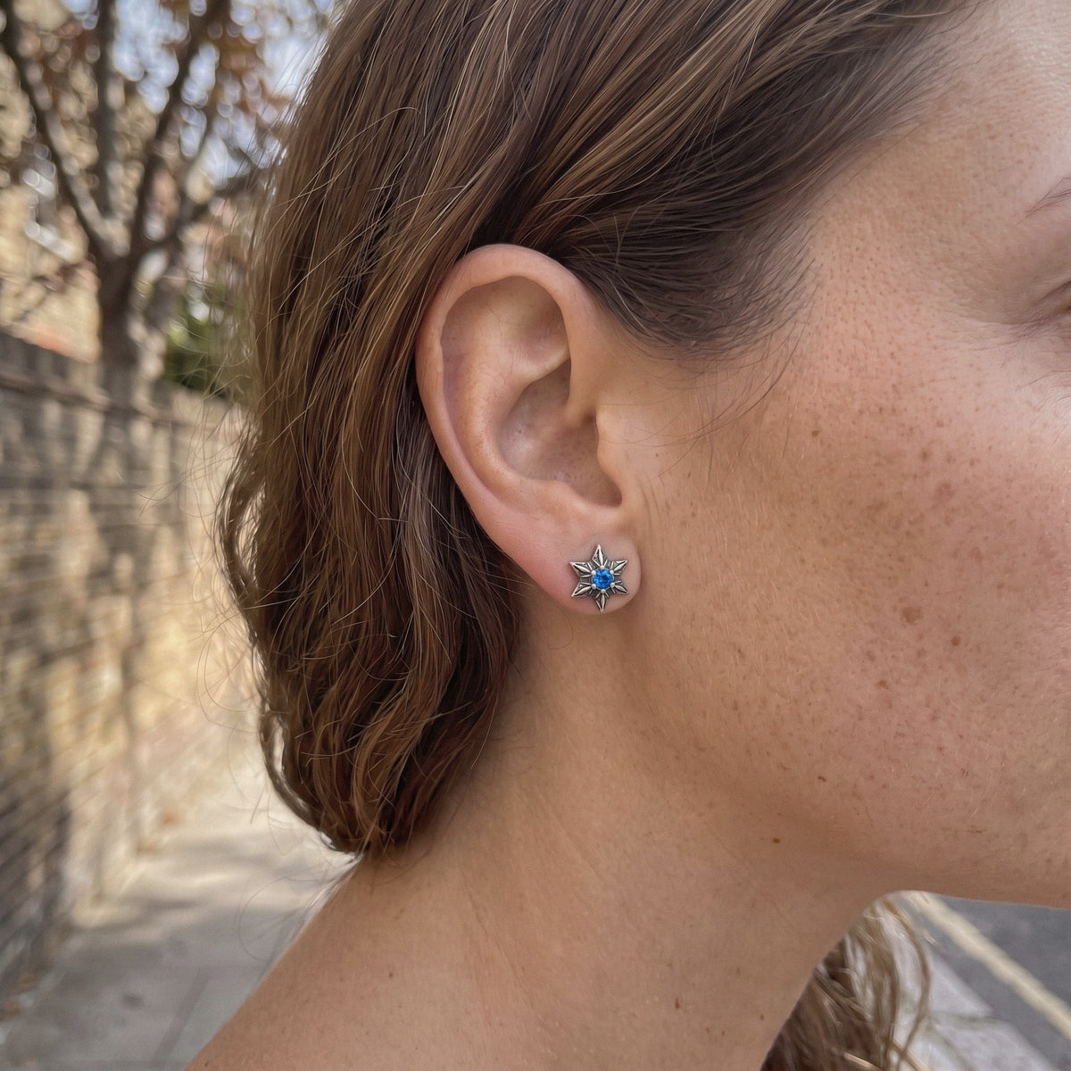 Star of David Stud Earrings in 925 Sterling Silver, Blue Cubic Zirconia - everyday wear