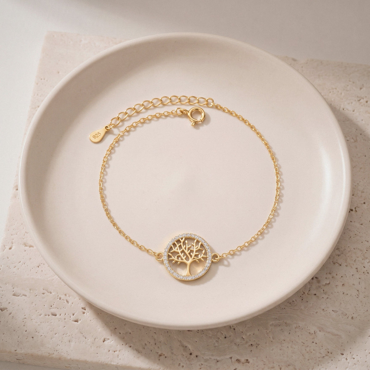Tree of Life Bracelet in 925 Sterling Silver, Cubic Zirconia Circle - Bracelet - Gold