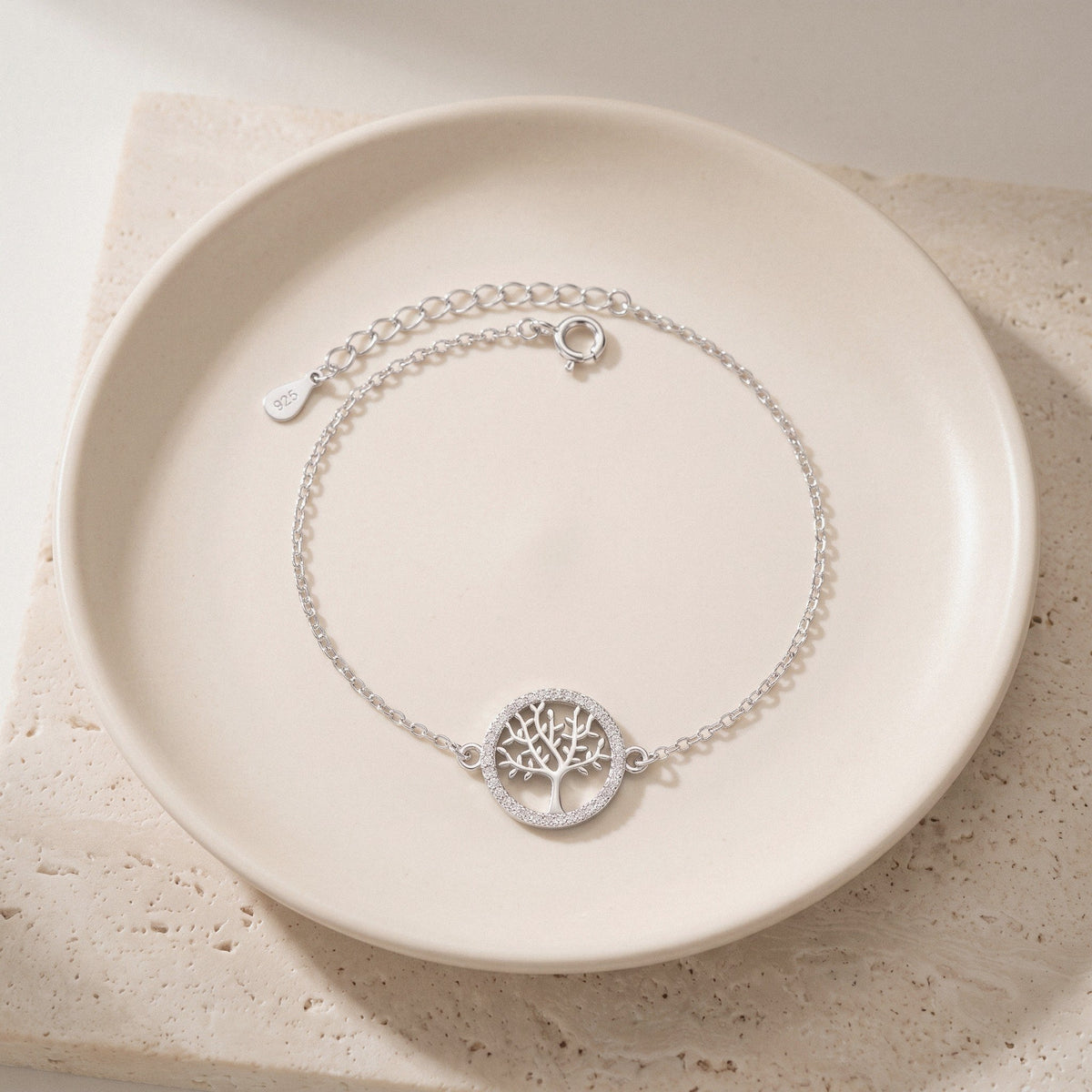 Tree of Life Bracelet in 925 Sterling Silver, Cubic Zirconia Circle