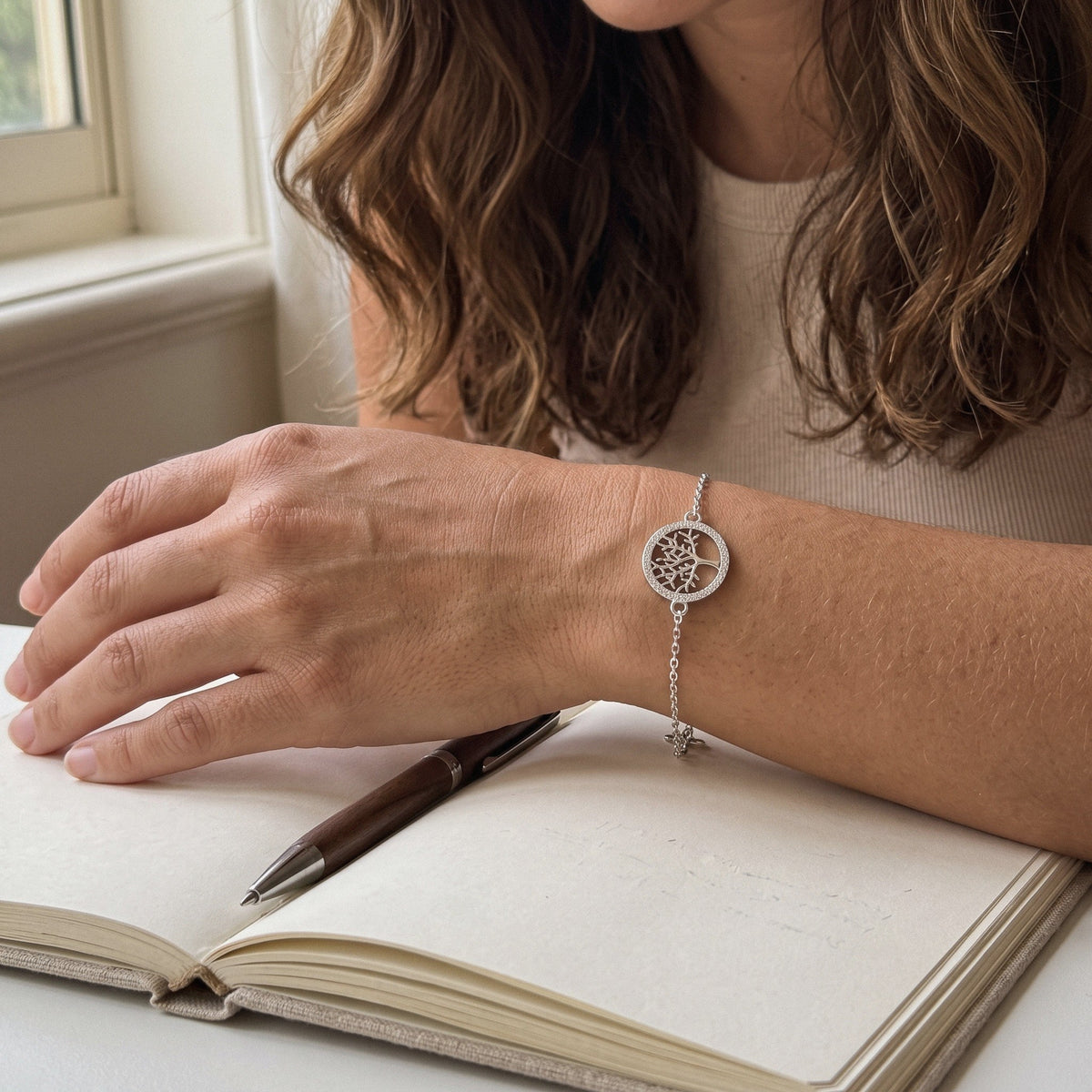 Tree of Life Bracelet in 925 Sterling Silver, Cubic Zirconia Circle - everyday wear