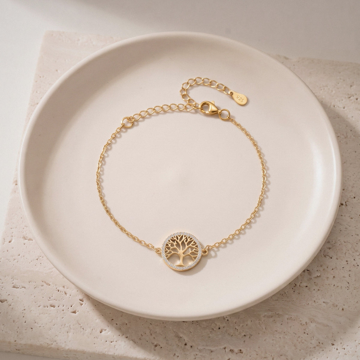 Tree of Life Bracelet in 925 Sterling Silver, Round Openwork Charm - Gold
