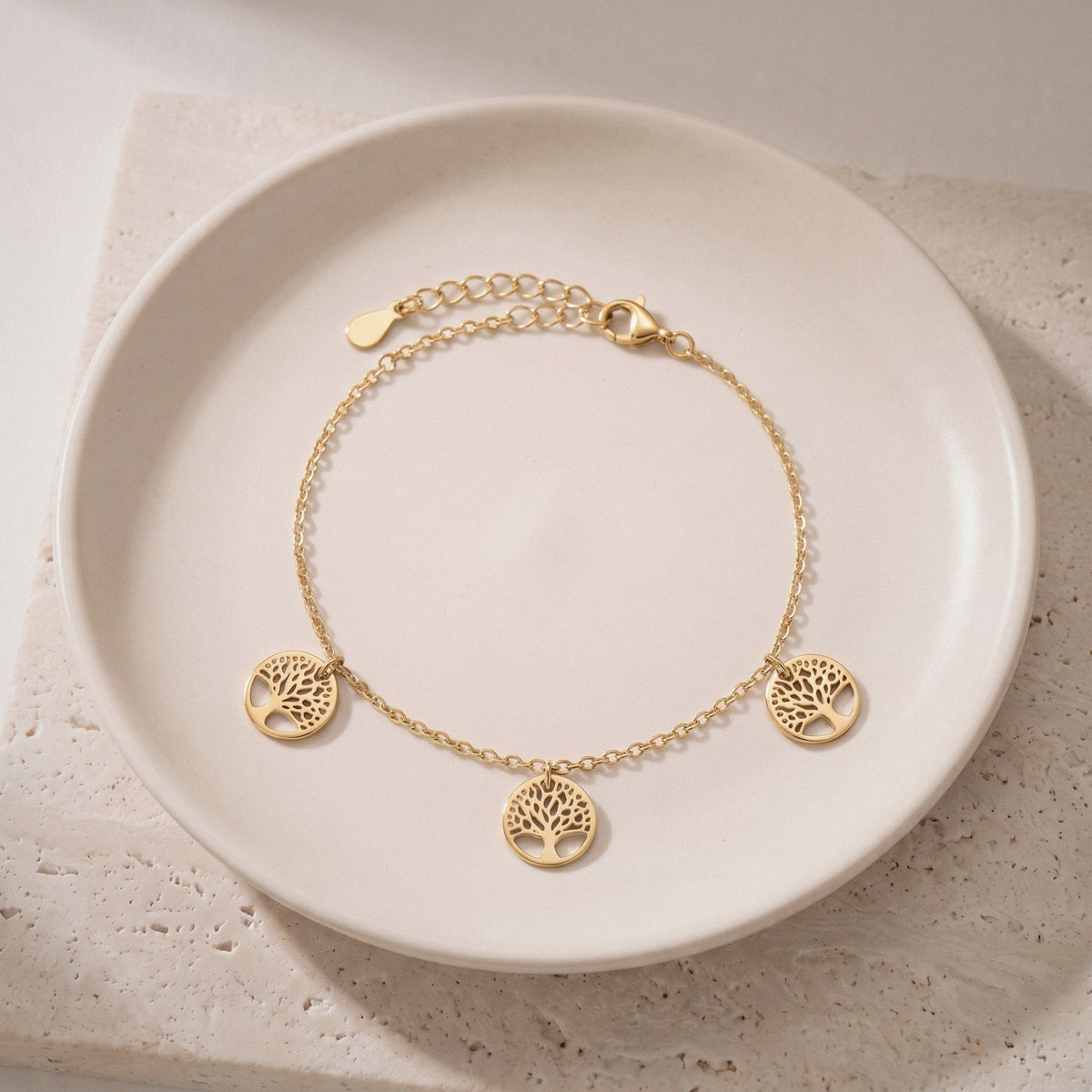 Tree of Life Charm Bracelet in 925 Sterling Silver, Three Charms - Gold