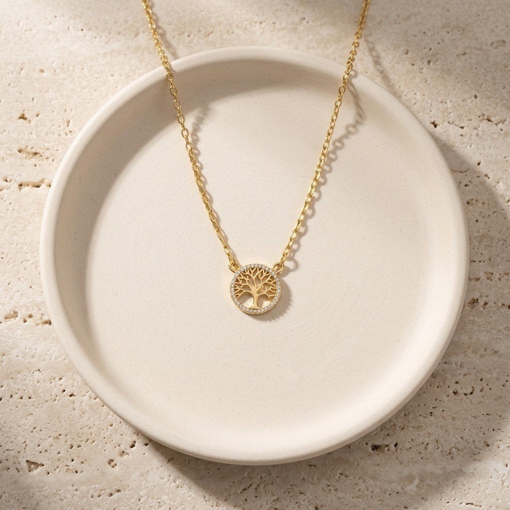 Tree of Life Necklace in 925 Sterling Silver, Round Openwork Pendant - Gold