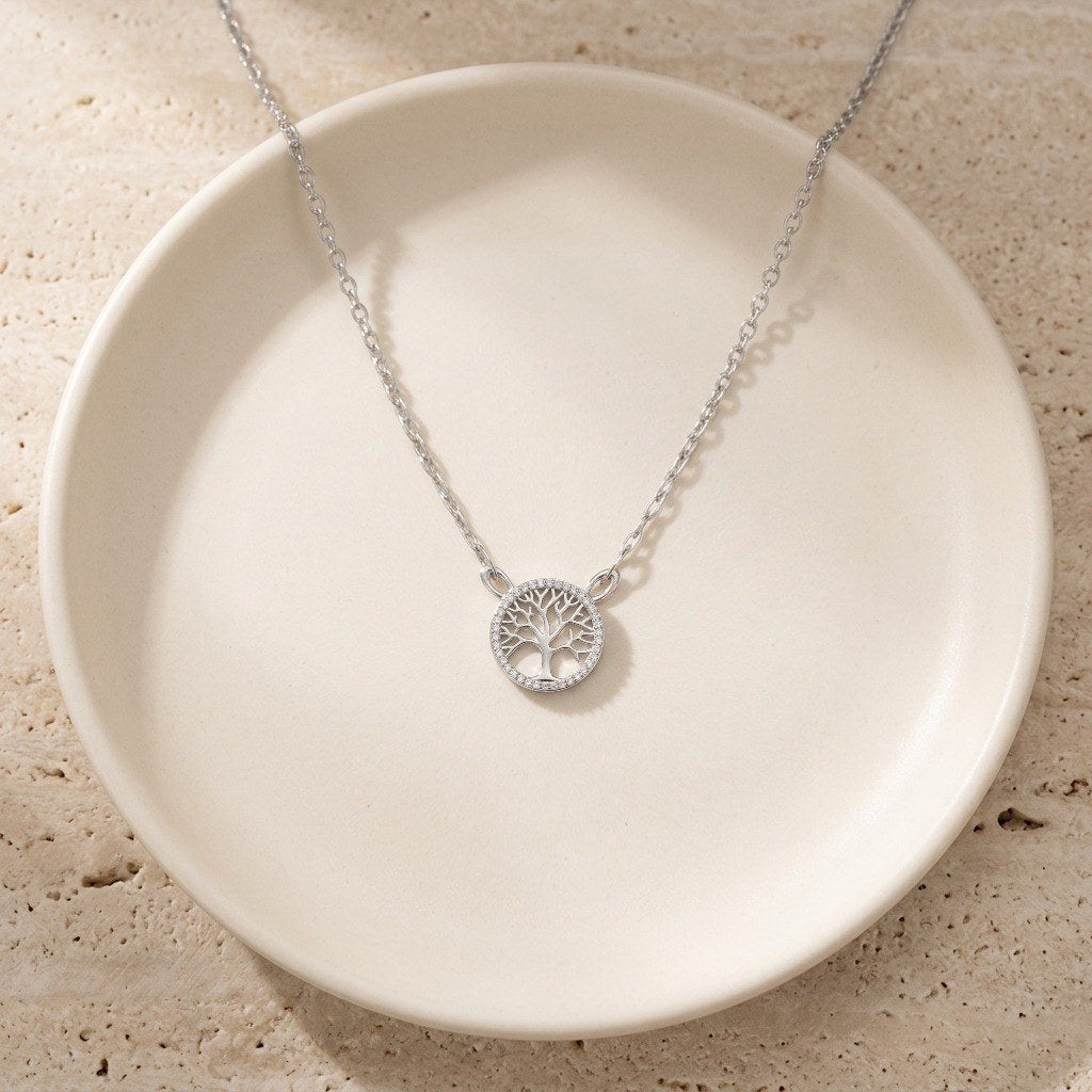 Tree of Life Necklace in 925 Sterling Silver, Round Openwork Pendant - Silver
