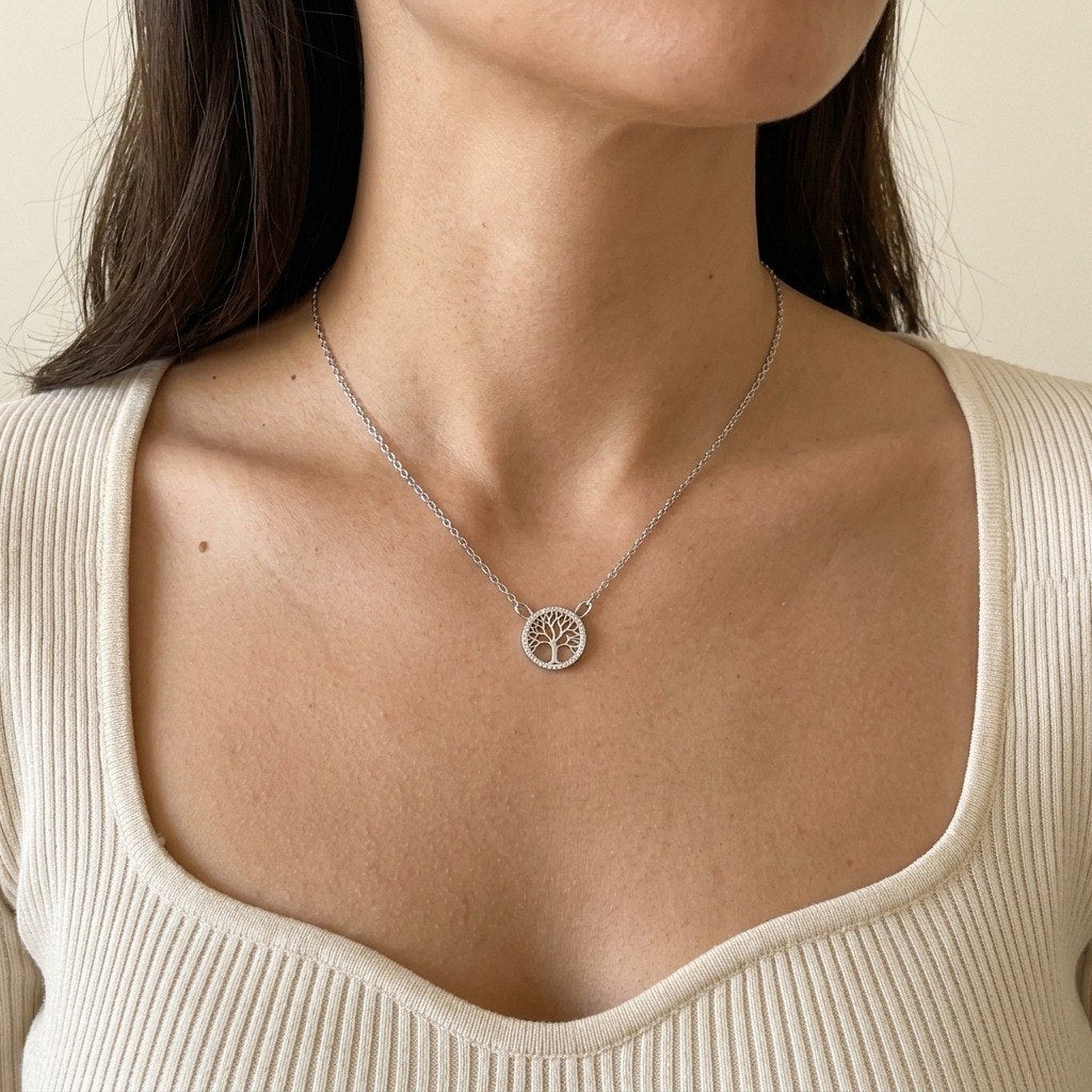 Tree of Life Necklace in 925 Sterling Silver, Round Openwork Pendant - worn