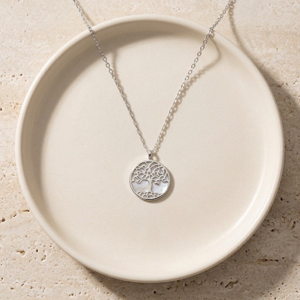 Tree of Life Necklace in 925 Sterling Silver, Shell Disc Pendant
