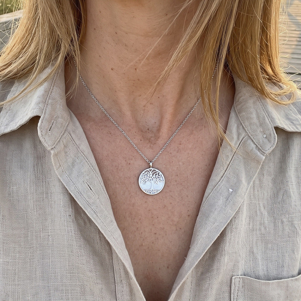 Tree of Life Necklace in 925 Sterling Silver, Shell Disc Pendant - everyday wear