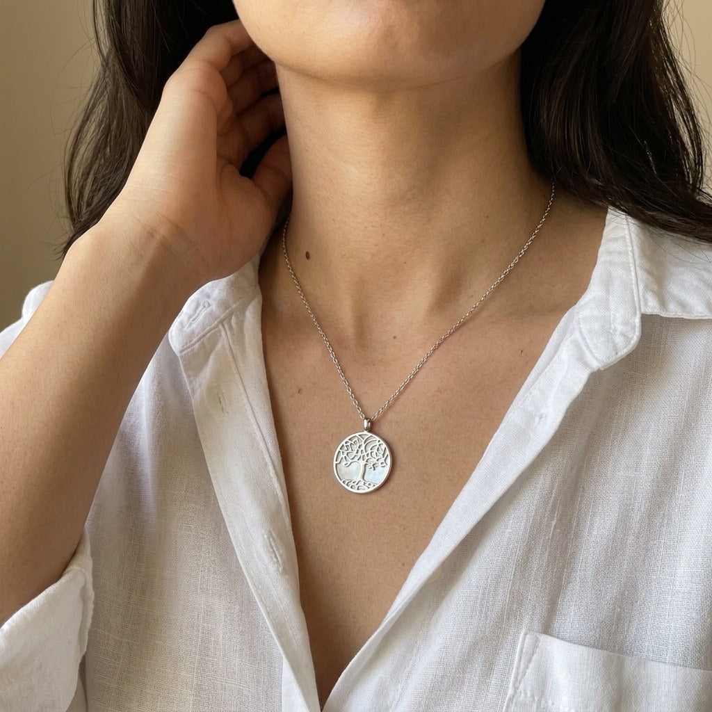 Tree of Life Necklace in 925 Sterling Silver, Shell Disc Pendant - worn
