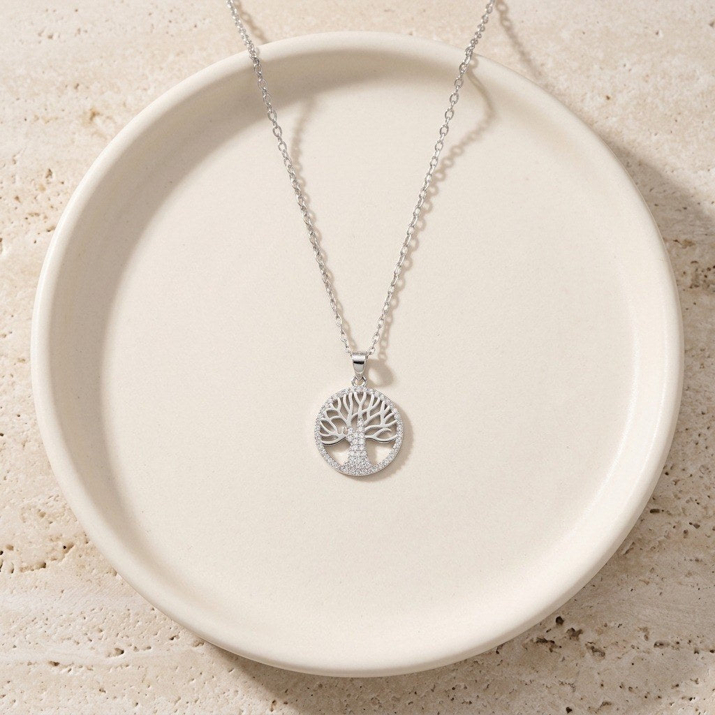Tree of Life Necklace in 925 Sterling Silver, Cubic Zirconia Pendant