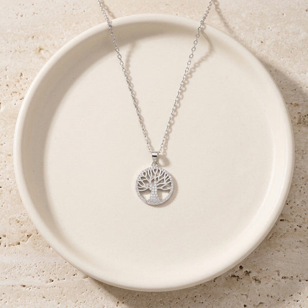 Tree of Life Necklace in 925 Sterling Silver, Cubic Zirconia Pendant