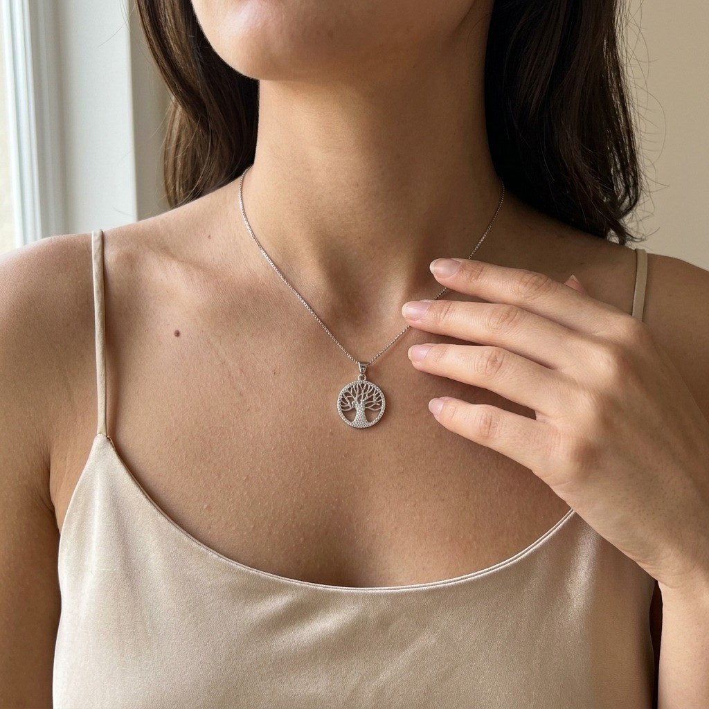 Tree of Life Necklace in 925 Sterling Silver, Cubic Zirconia Pendant - worn