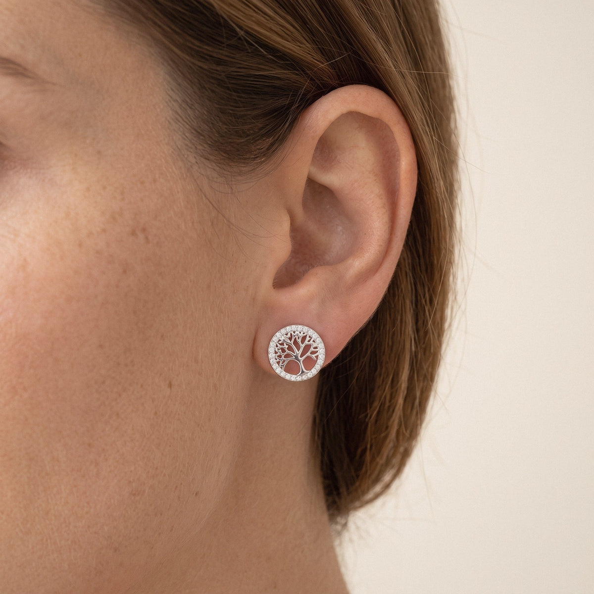 Tree of Life Stud Earrings in 925 Sterling Silver - worn on the ear