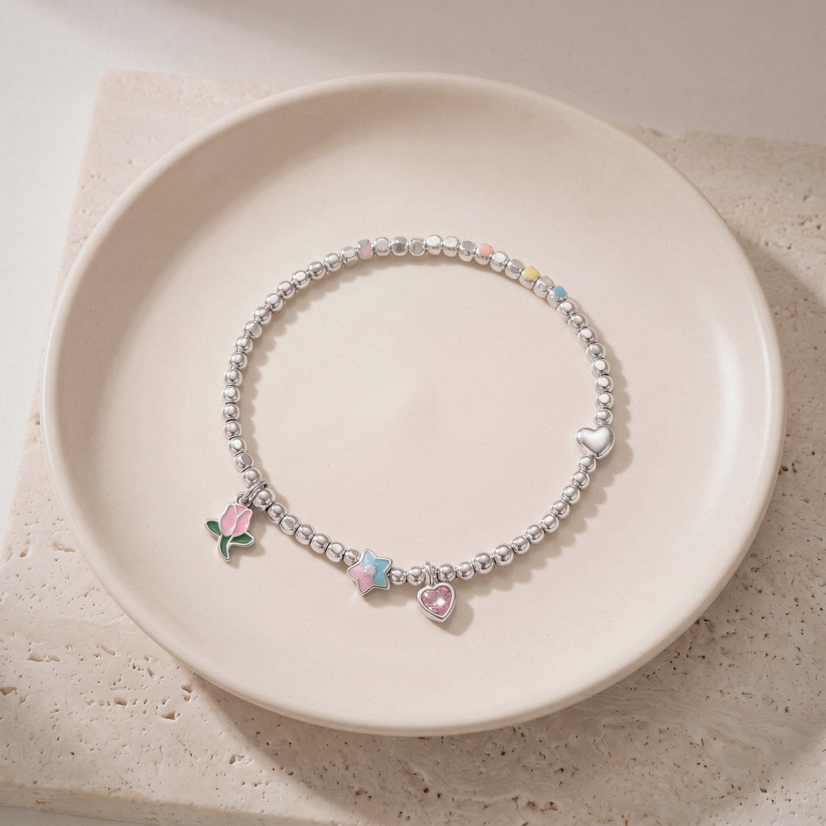 Tulip & Enamel Heart Bracelet in 925 Sterling Silver, Pastel Charms