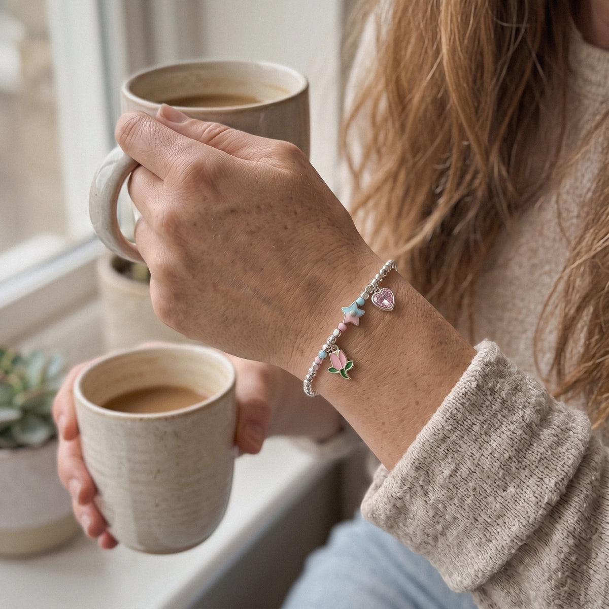 Tulip & Enamel Heart Bracelet in 925 Sterling Silver, Pastel Charms - everyday wear