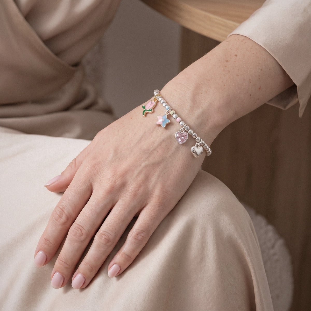Tulip & Enamel Heart Bracelet in 925 Sterling Silver, Pastel Charms - worn