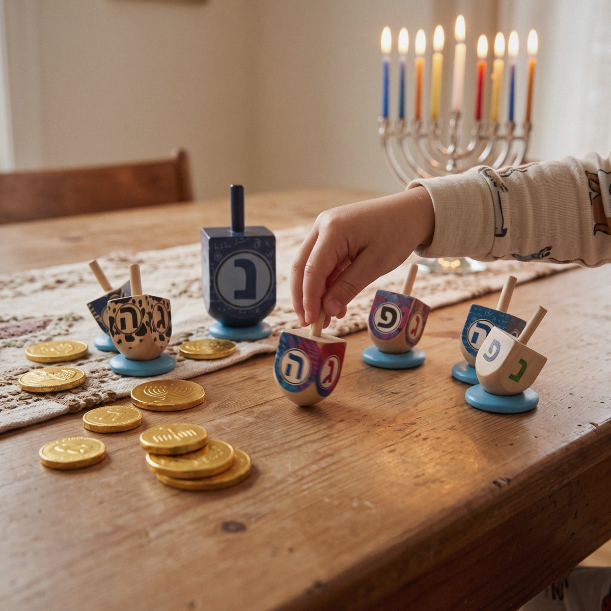 Wooden Dreidels for Hanukkah, Mixed Painted Set - at home