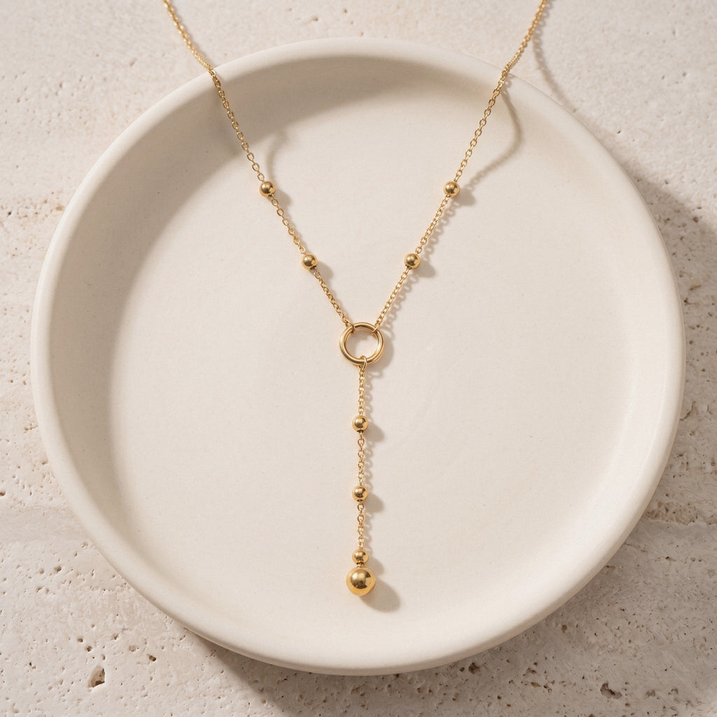 Y Necklace with Ball Beads in 18K Gold-Plated Stainless Steel - Gold