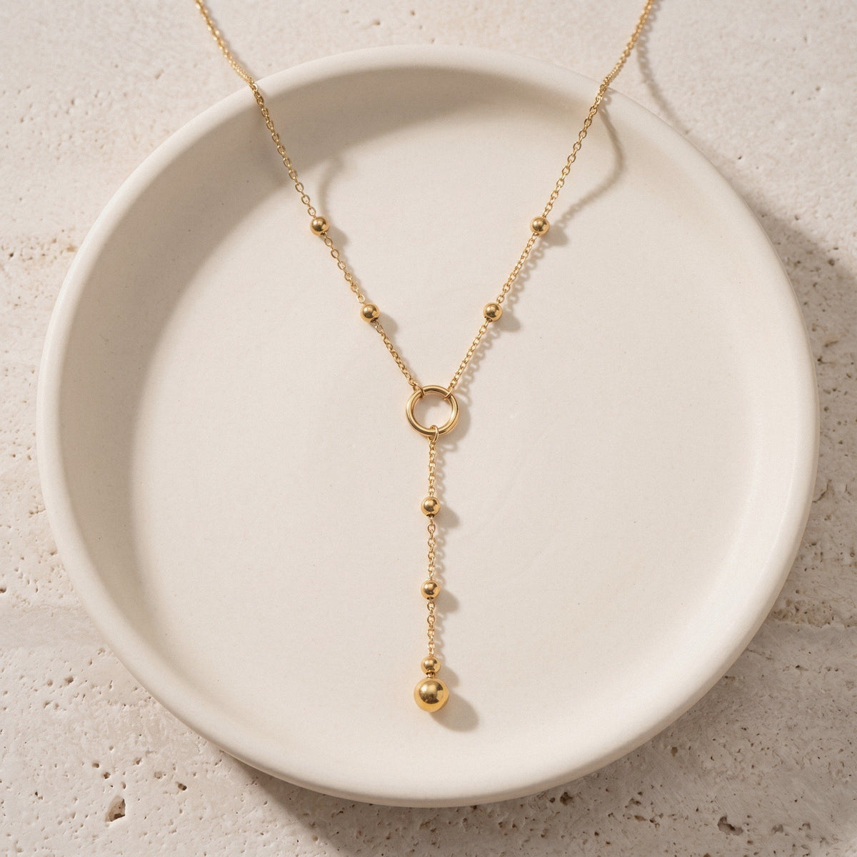 Y Necklace with Ball Beads in 18K Gold-Plated Stainless Steel - Gold