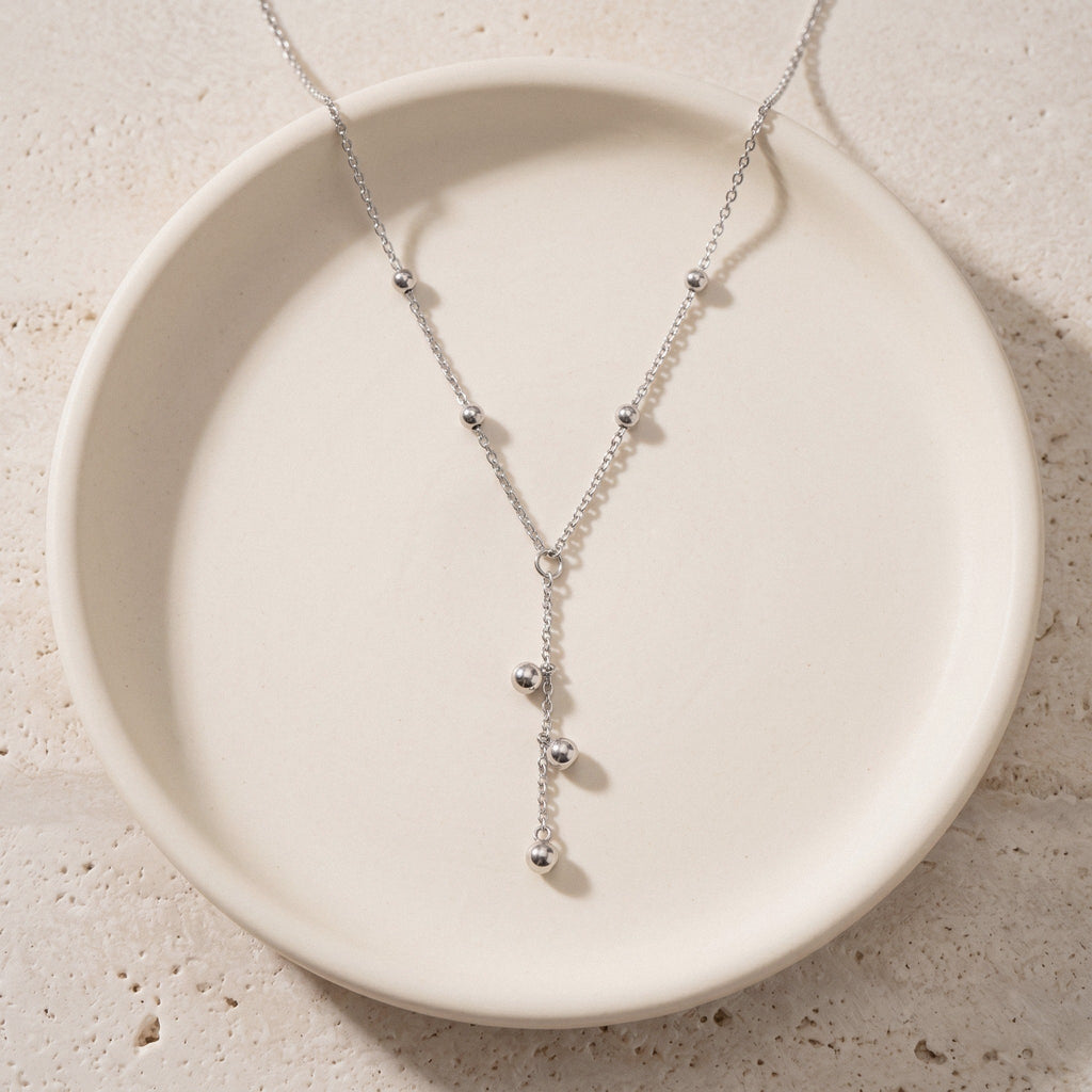 Y Necklace with Ball Beads in 18K Gold-Plated Stainless Steel - Silver-Tone
