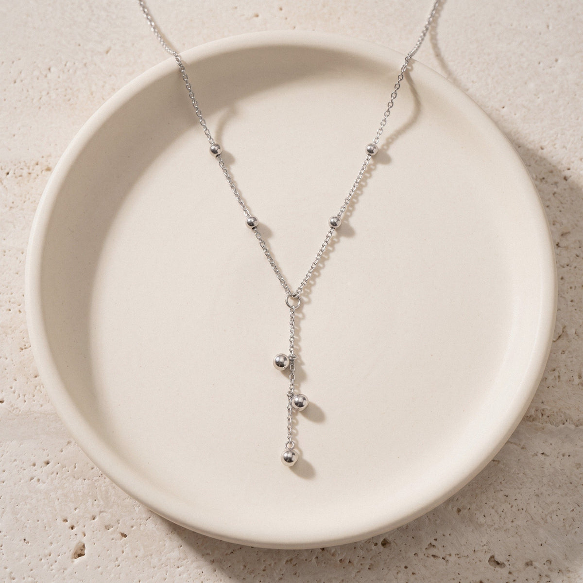 Y Necklace with Ball Beads in 18K Gold-Plated Stainless Steel - Silver-Tone